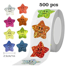 A roll of 500 glitter star stickers in various colors and shapes for crafts and gifts.