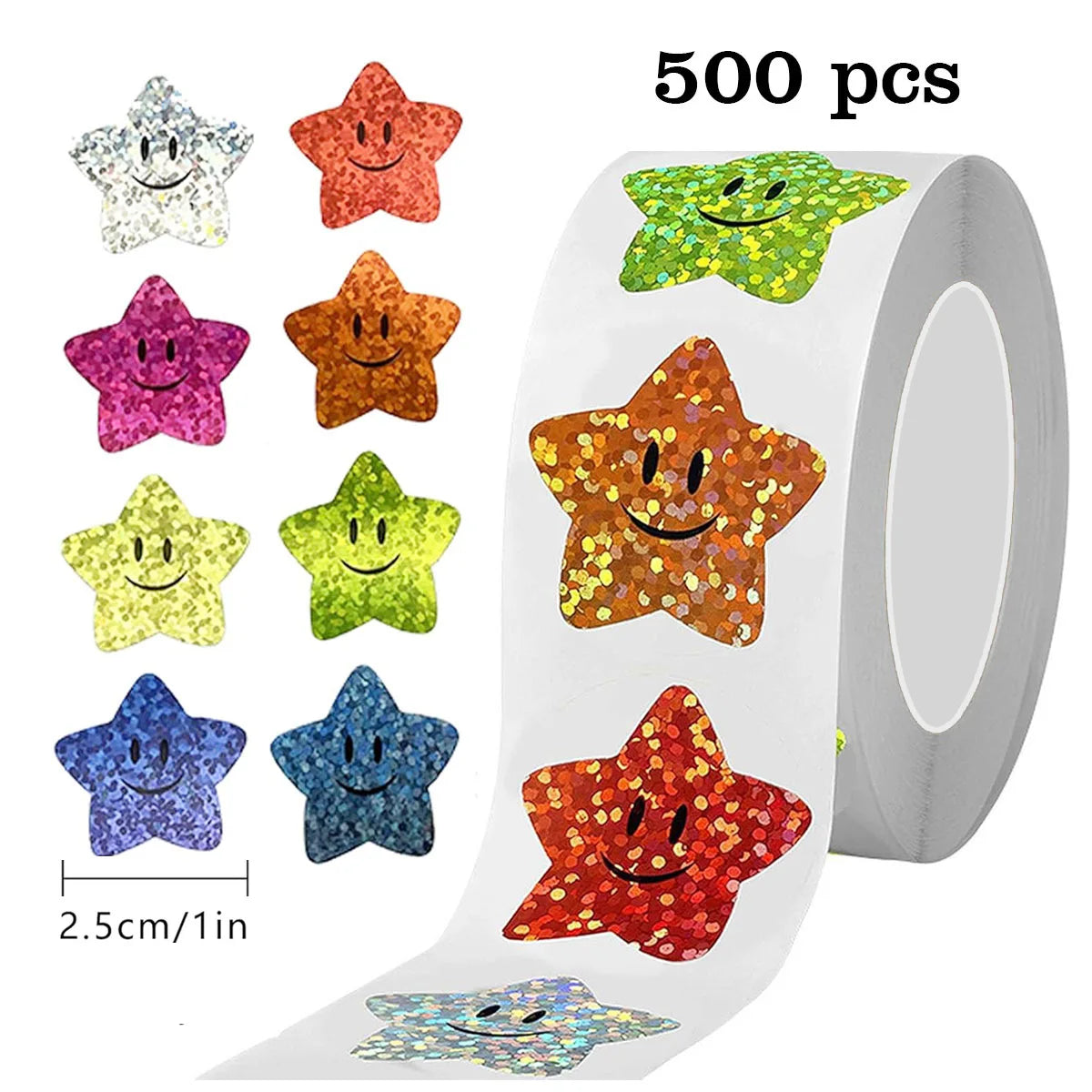 A roll of 500 glitter star stickers in various colors and shapes for crafts and gifts.