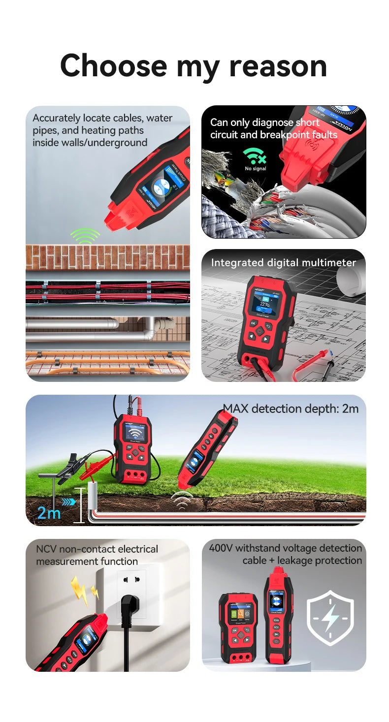 A red and black underground cable tracer and multimeter device used for locating wires, pipes, and faults.