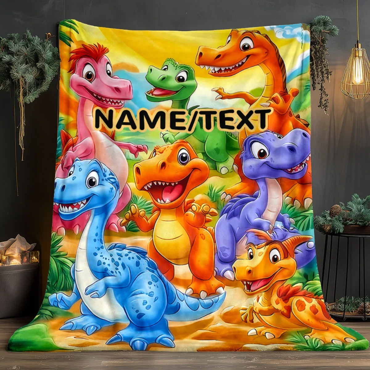 A vibrant fabric blanket featuring various cartoon dinosaurs in bright colors against a yellow background.