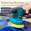 A hand is using a blue and black cordless electric polishing machine to shine a blue car surface.