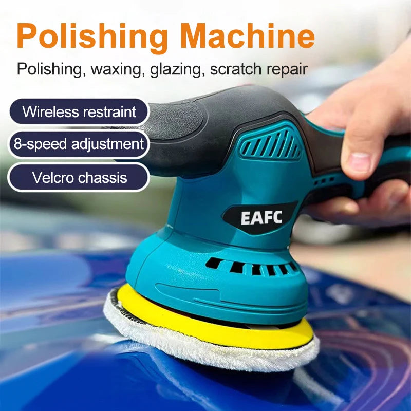 A hand is using a blue and black cordless electric polishing machine to shine a blue car surface.