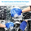 A hand is using a blue, fuzzy cleaning glove to wash a car, showing the product's use for easier car washing.