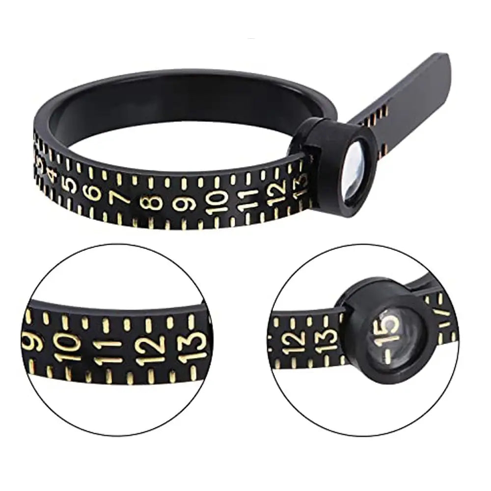 Black ring sizer measuring tool with a magnifier showing numbered rings.