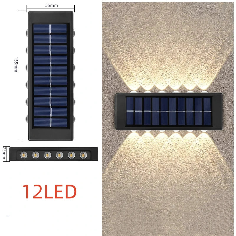 A rectangular solar-powered LED wall light with a photovoltaic panel and an LED diffuser illuminating a textured wall.