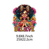 A colorful design featuring a woman with curly hair and glasses, hands clasped in prayer, surrounded by floral elements, with