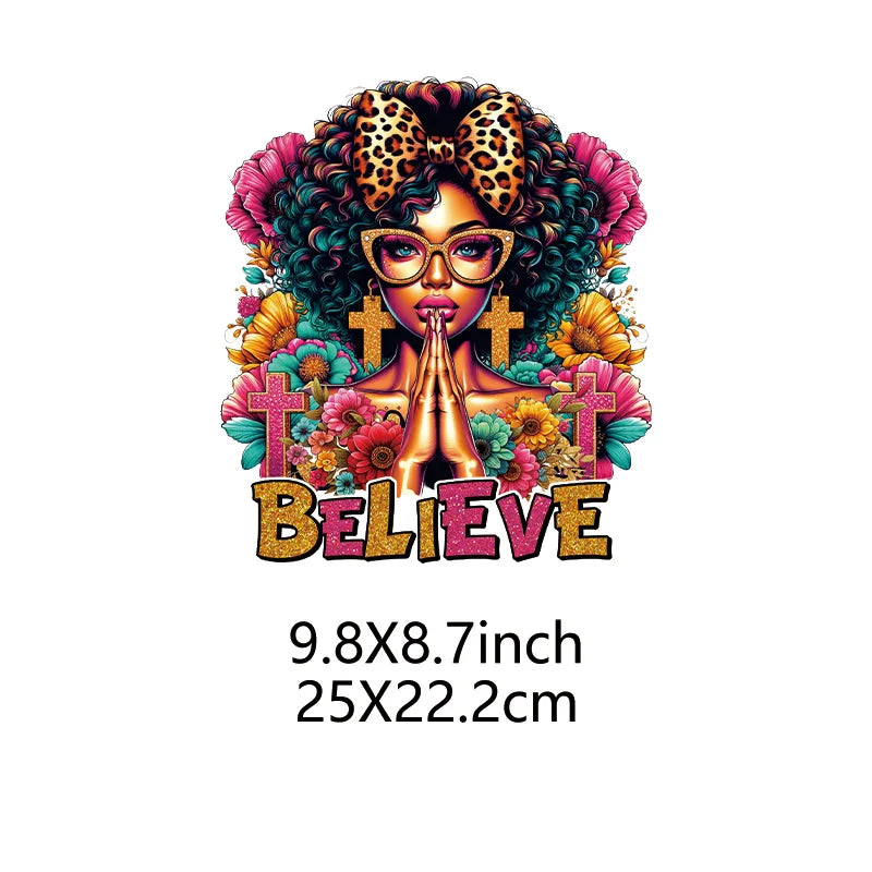 A colorful design featuring a woman with curly hair and glasses, hands clasped in prayer, surrounded by floral elements, with