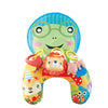 A high contrast tummy time pillow featuring a green and blue design with animal faces.
