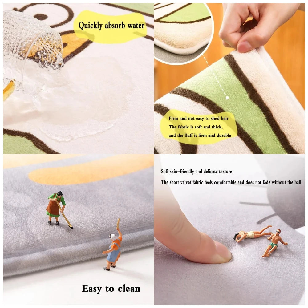 Close-up shots show a soft, thick fabric doormat absorbing water and being easily cleaned.