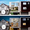 Moderne Hausfassade mit Tages- und Nachtansichten einer isolierenden Glasfolieninstallation.