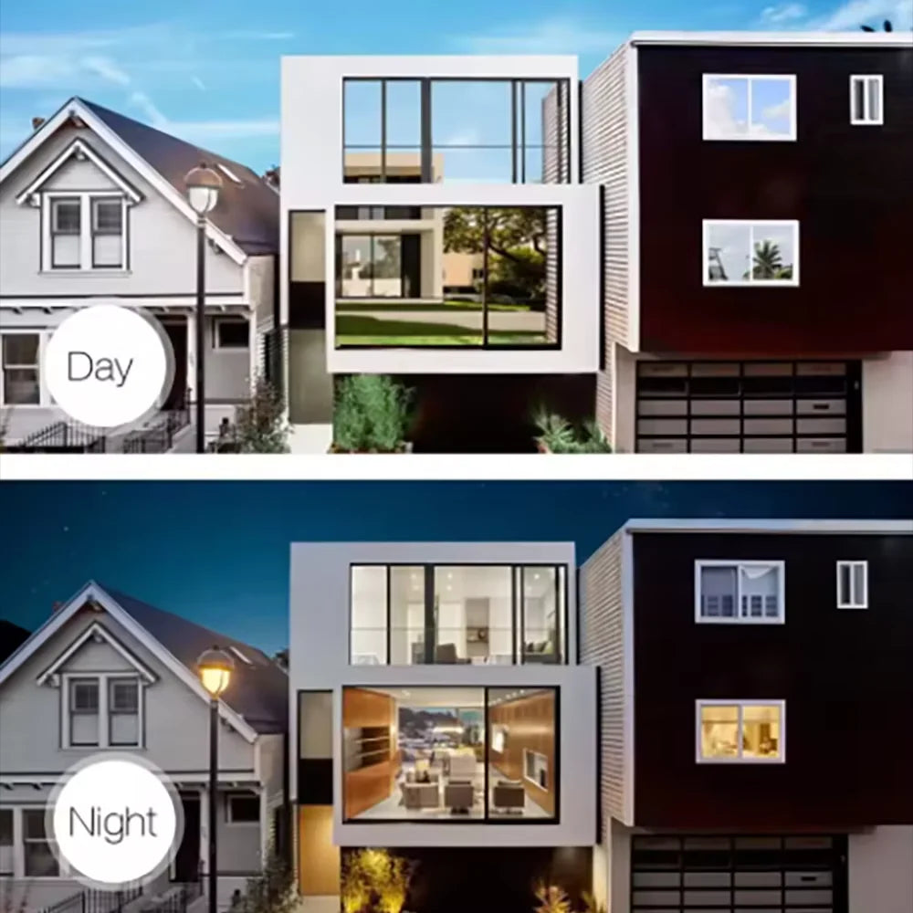 Moderne Hausfassade mit Tages- und Nachtansichten einer isolierenden Glasfolieninstallation.
