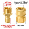 A set of brass quick connect adapters and plugs for pressure washers, showing various sizes like 7/8 inch, 9/16 inch, and 5/8