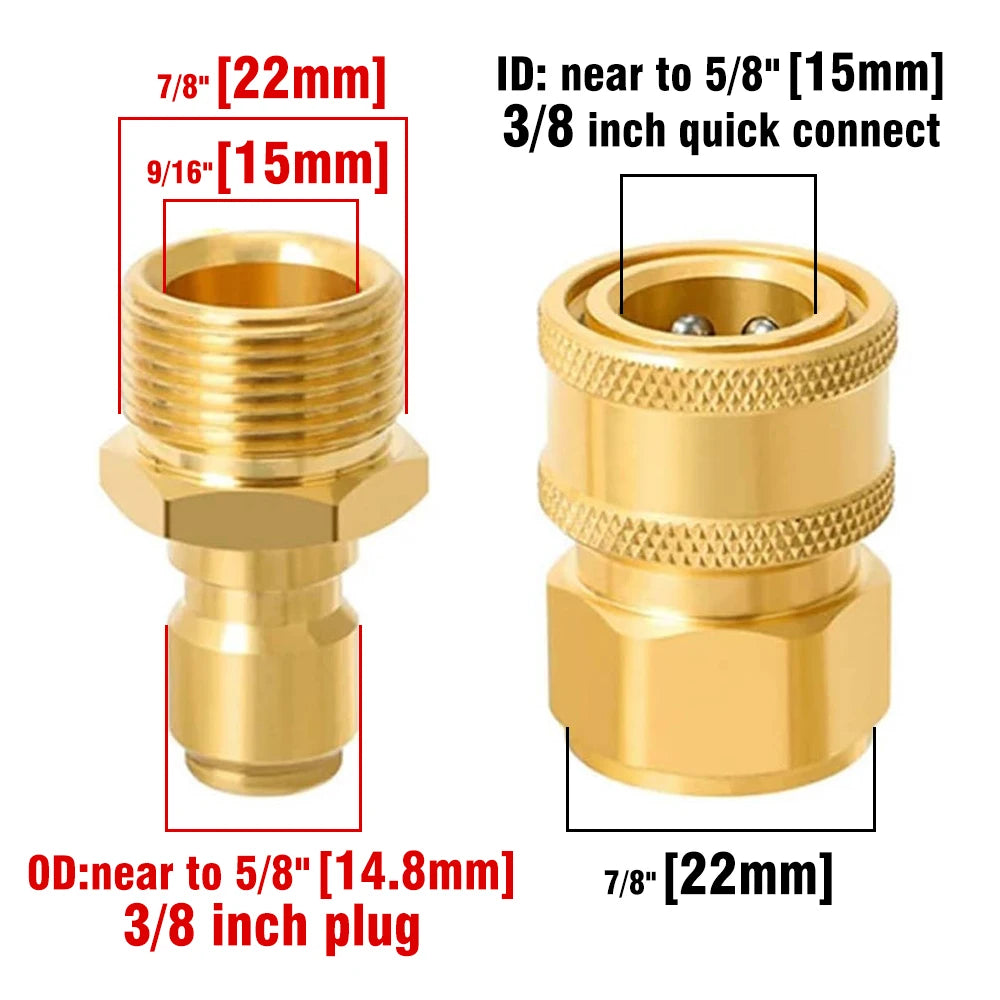 A set of brass quick connect adapters and plugs for pressure washers, showing various sizes like 7/8 inch, 9/16 inch, and 5/8