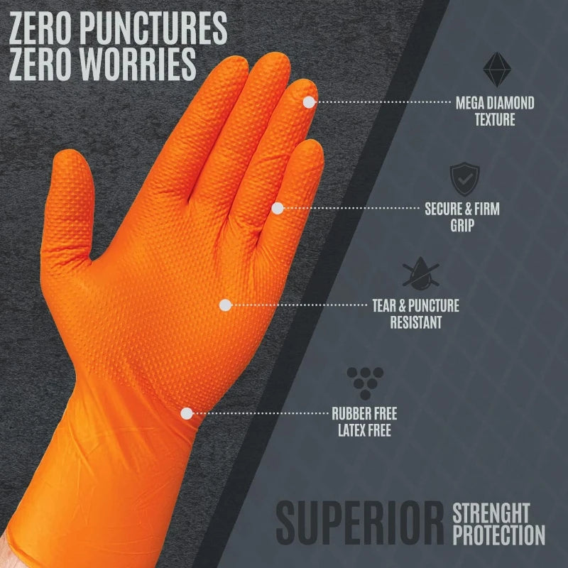 Orange heavy-duty nitrile work gloves featuring a diamond texture and superior strength protection.