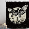 Gothic skull shower curtain featuring a moth and floral design against a starry night background