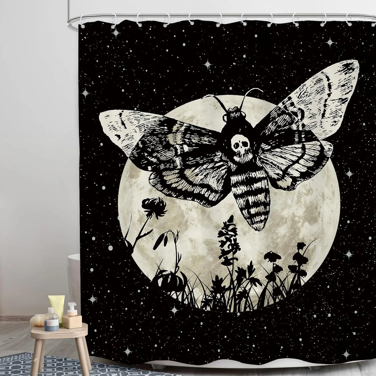 Gothic skull shower curtain featuring a moth and floral design against a starry night background
