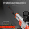 An orange and white toy rifle demonstrating a linear 10m and a parabolic 15m shooting range.
