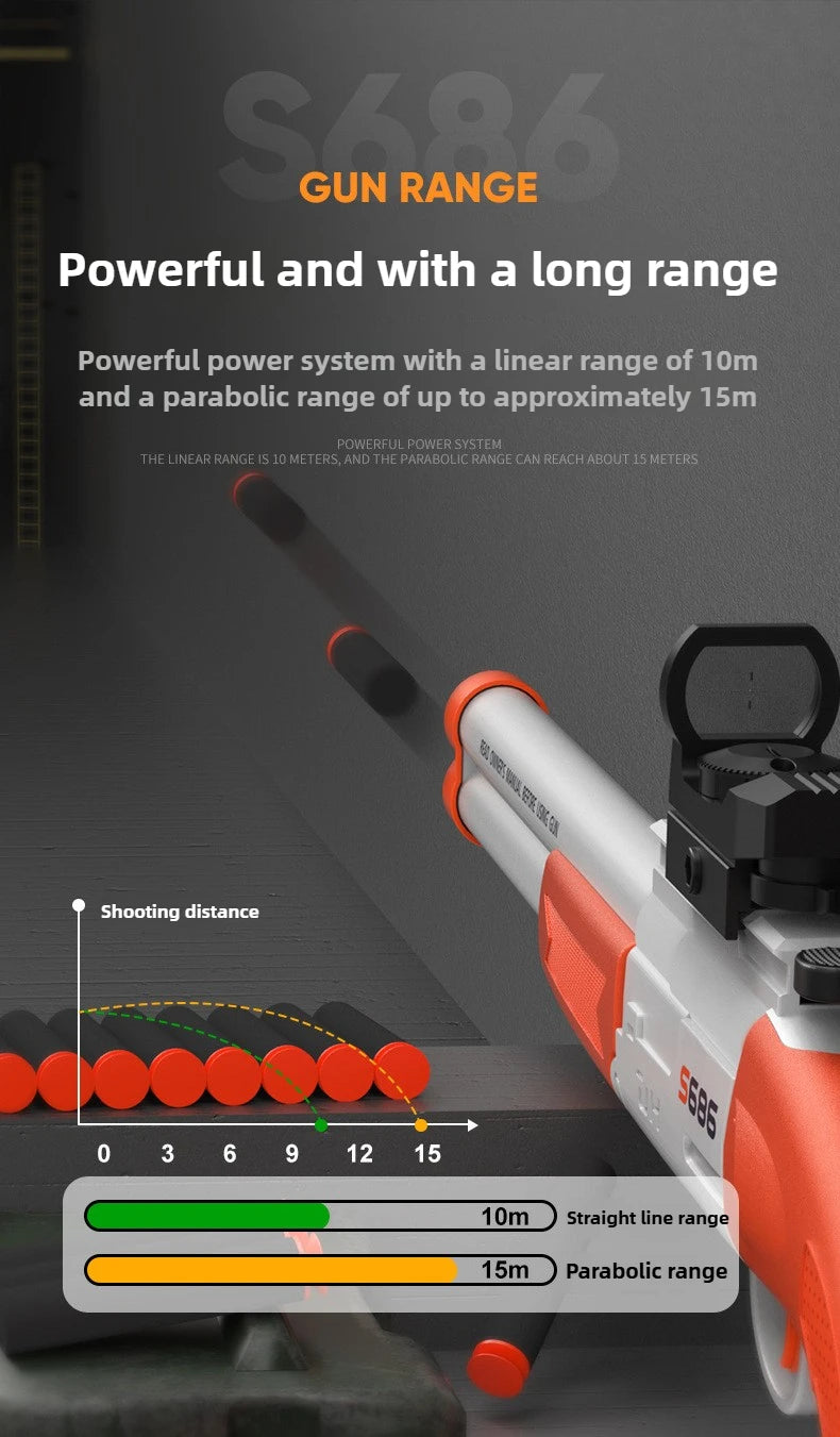 An orange and white toy rifle demonstrating a linear 10m and a parabolic 15m shooting range.