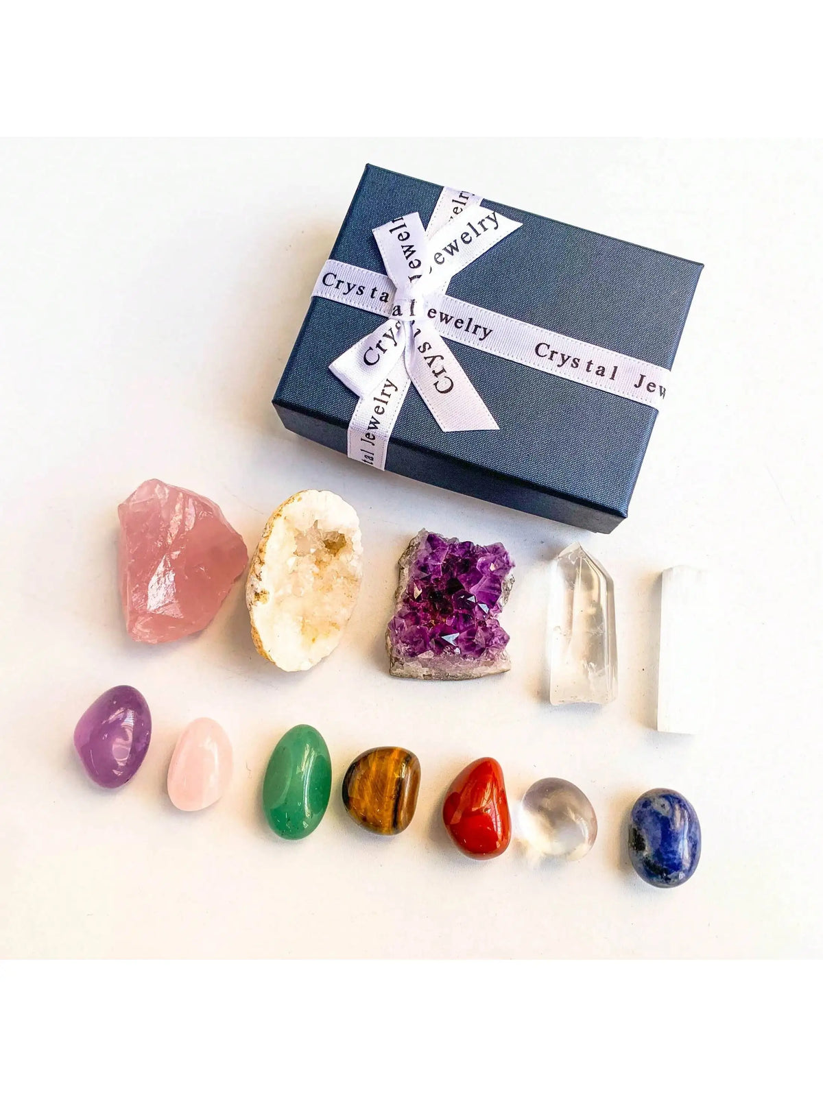 Natural Crystal Chakra Set with Amethyst, Agate, and Selenite