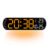 A black digital wall clock displaying the time 20:38, date, and temperature, with an orange glow.