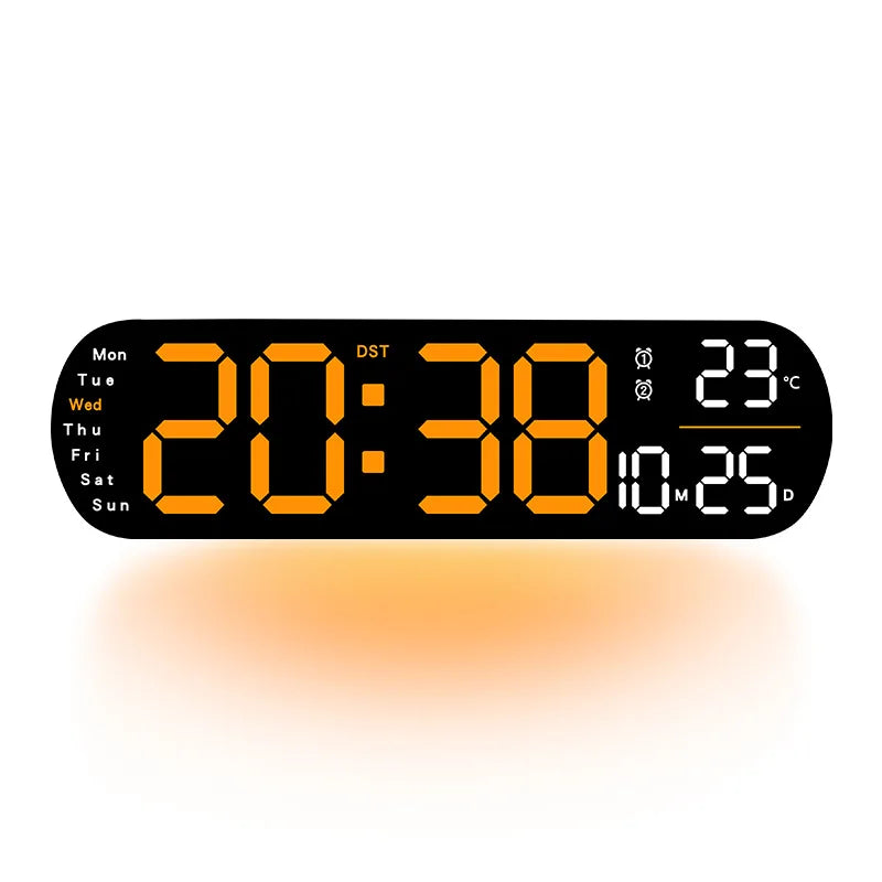 A black digital wall clock displaying the time 20:38, date, and temperature, with an orange glow.