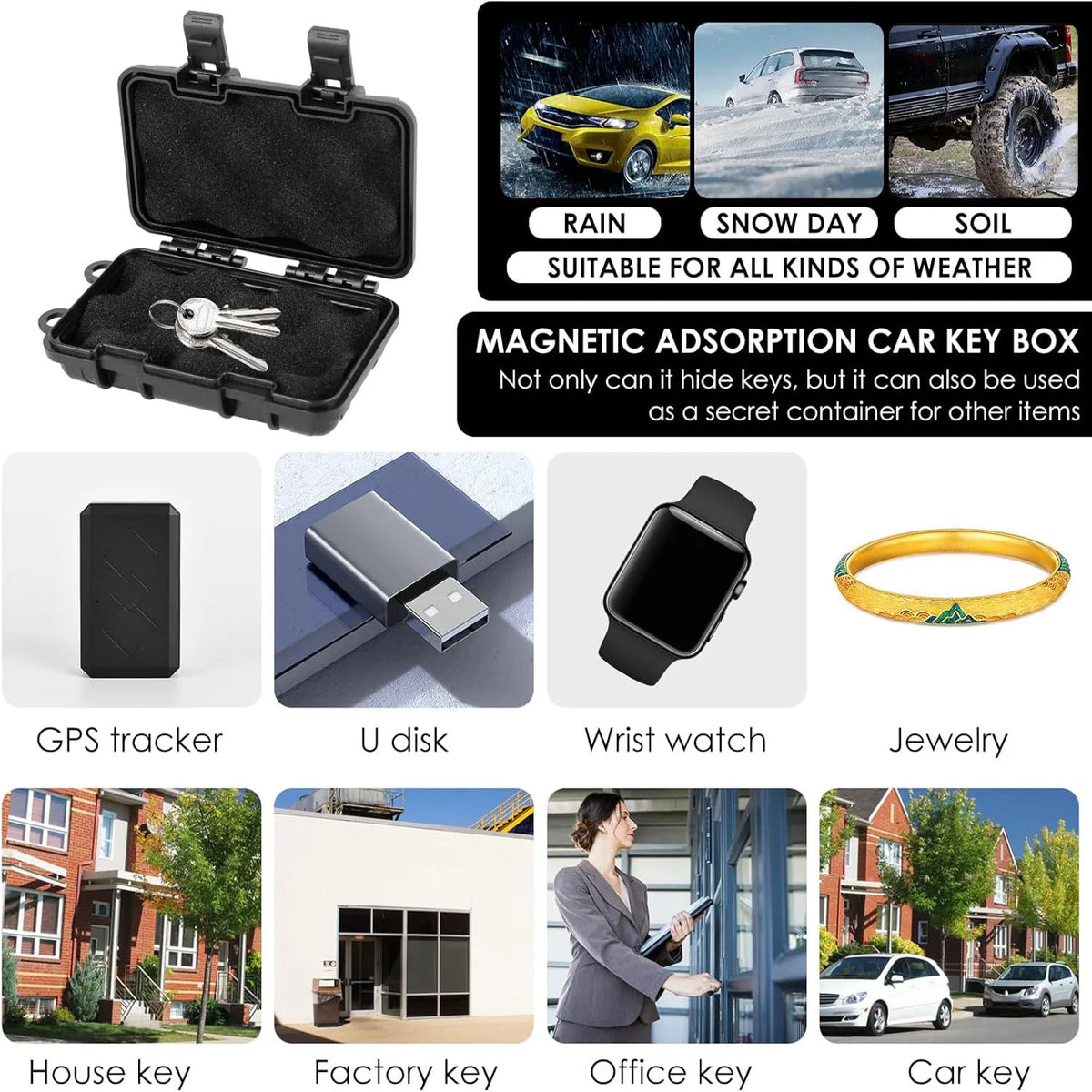A black magnetic key hider box designed for under-car storage, shown alongside various keys and accessories.
