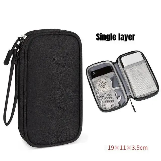 Black single layer travel organizer pouch with a clear plastic sleeve for cables and accessories