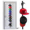 A black and red over-the-door hat organizer with a two-way hanging display featuring various baseball caps.