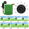 A green high-pressure garden water nozzle with eight different spray modes shown in various applications.