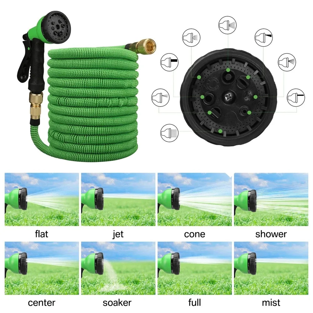 A green high-pressure garden water nozzle with eight different spray modes shown in various applications.