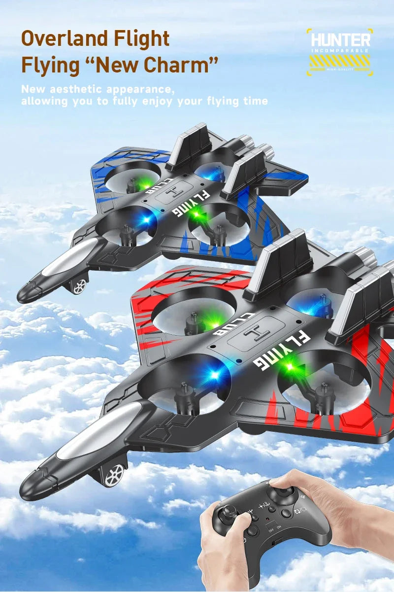 A black and red EPP foam RC flying plane with transparent propellers is shown in flight against a blue sky.