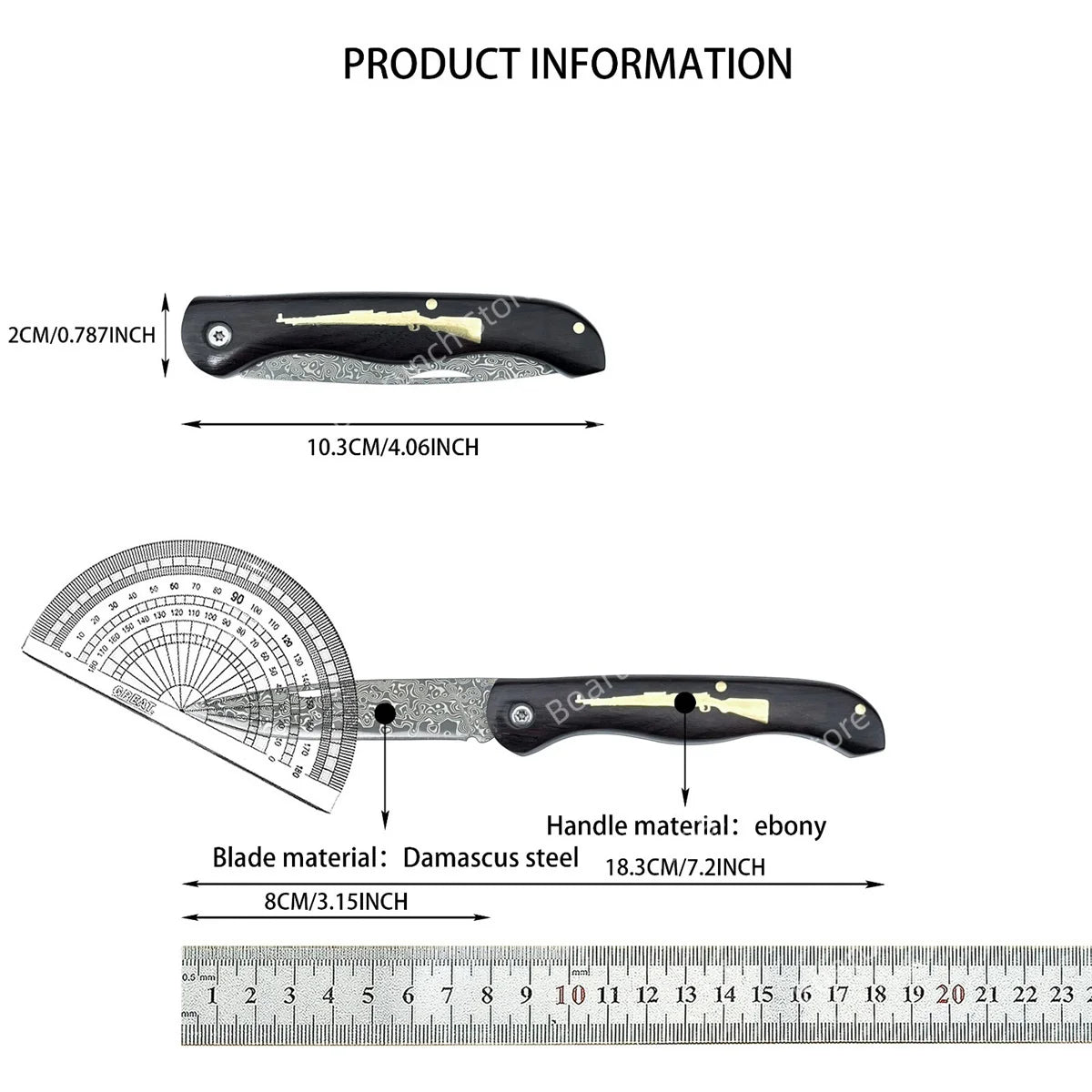A close-up view of a Damascus steel folding knife with an ebony handle and a ruler for scale.