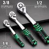 A set of chrome vanadium sockets with quick-release ratchets showing various sizes including 3/8, 1/2, and 1/4 diameter socke