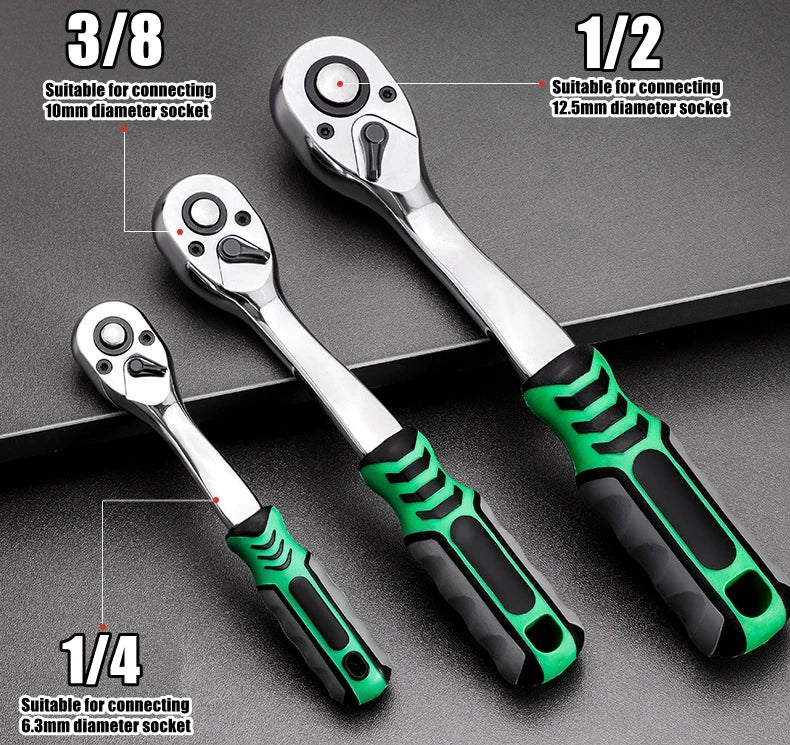 A set of chrome vanadium sockets with quick-release ratchets showing various sizes including 3/8, 1/2, and 1/4 diameter socke