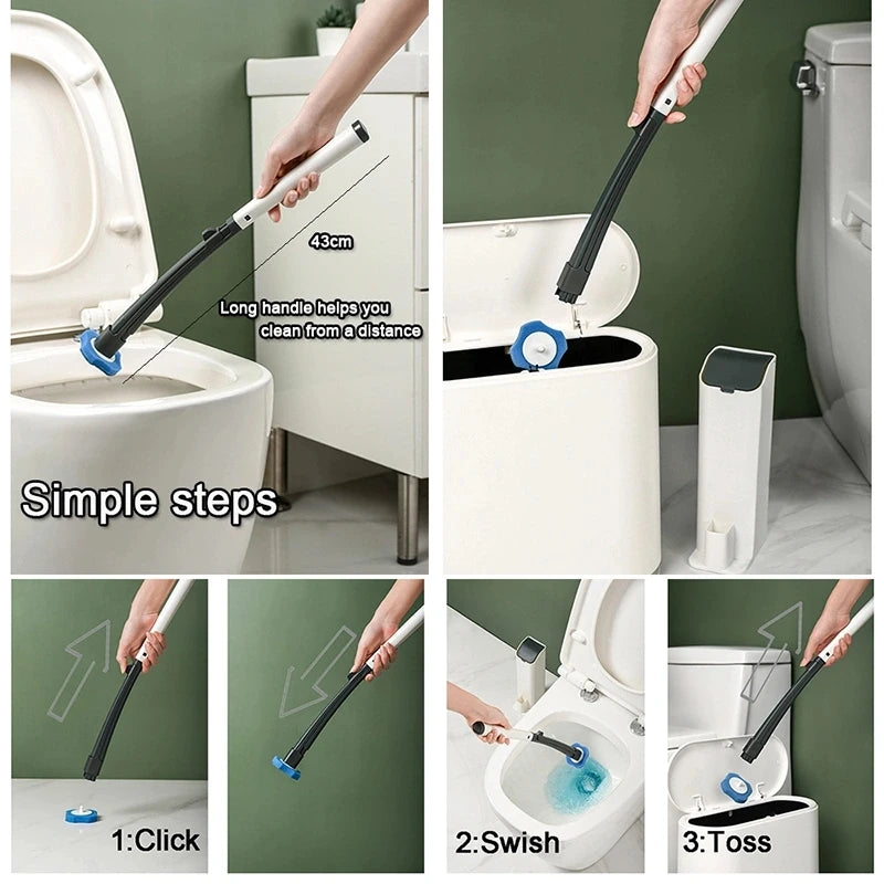 Demonstration of a disposable toilet cleaning brush with storage base showing simple steps for cleaning.
