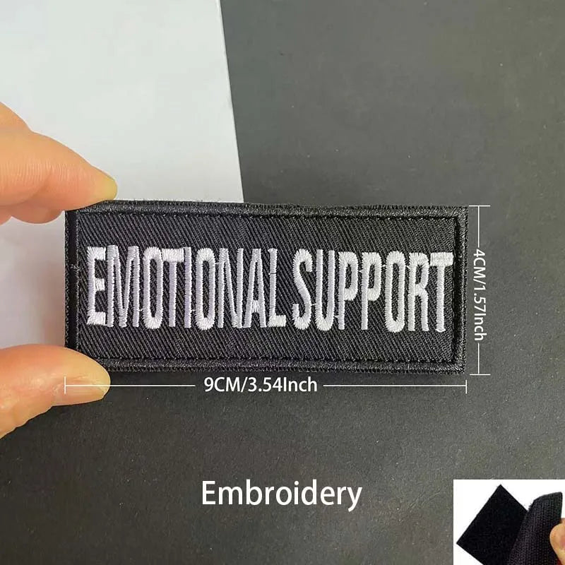 Black embroidered patch with white text Emotional Support and dimensions shown.