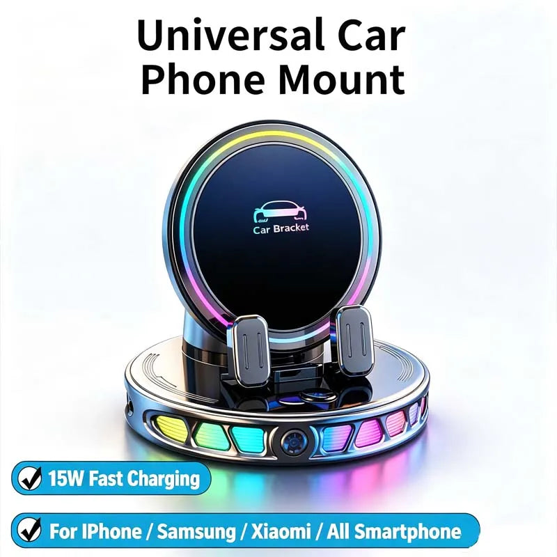 A circular car phone mount with an RGB ambient light and a bracket for smartphones.
