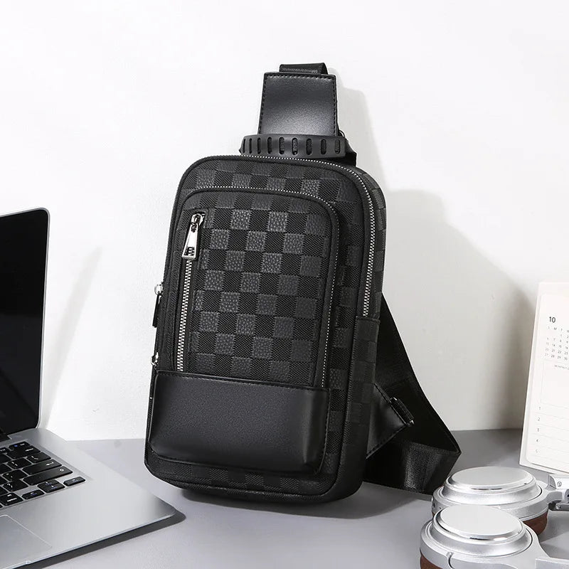 Men's Waterproof PU Leather Crossbody Bag with Geometric Pattern