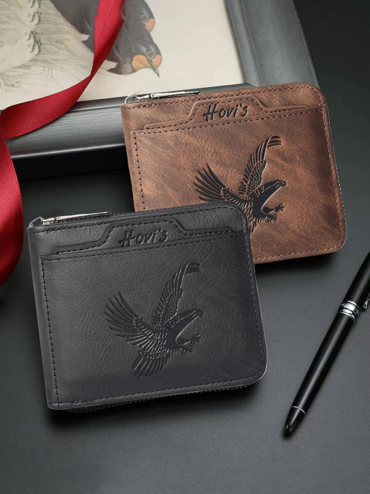 HOVIS Men's Slim Leather Wallet with Eagle Emboss and Zip Closure