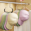 A display of rust-resistant steel round hanger hooks holding various colored hats and bags.
