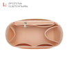 A light pink felt purse organizer insert showing the interior compartments and zipper.