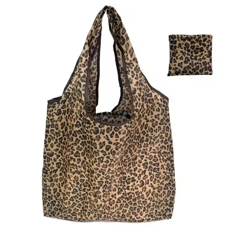 Leopard Print Foldable Shopping Tote – Large Capacity Reusable Bag