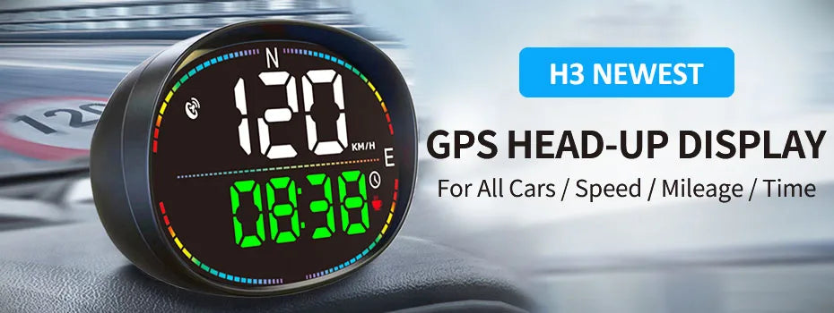 An H3 Newest GPS head-up display showing 120 km/h speed and 08:38 time on a car dashboard.
