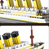 A detailed model kit of a Titanic ship built from interlocking plastic blocks.