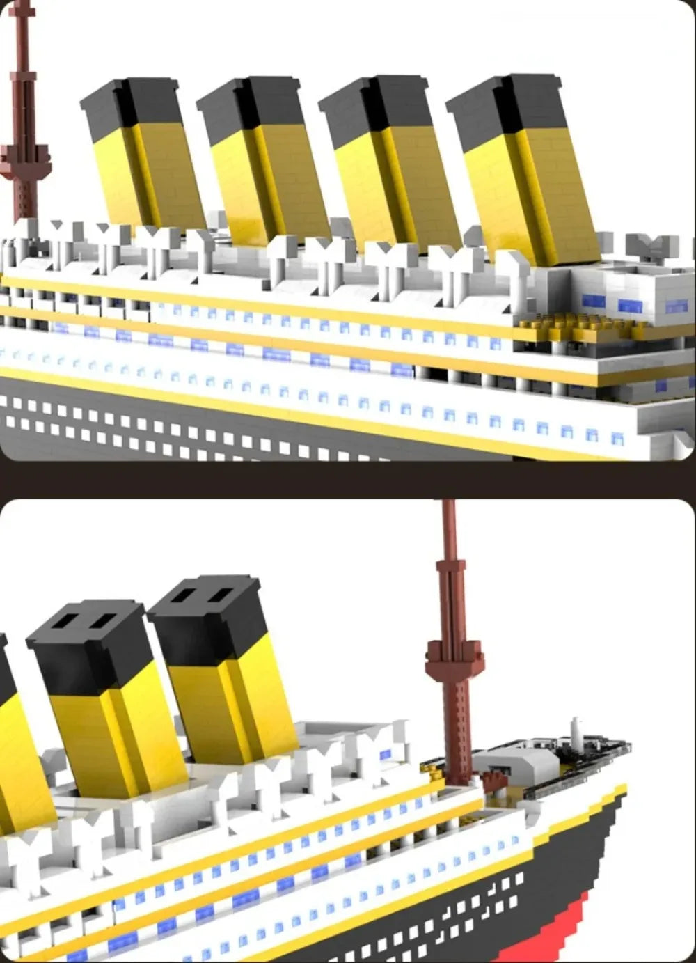 A detailed model kit of a Titanic ship built from interlocking plastic blocks.
