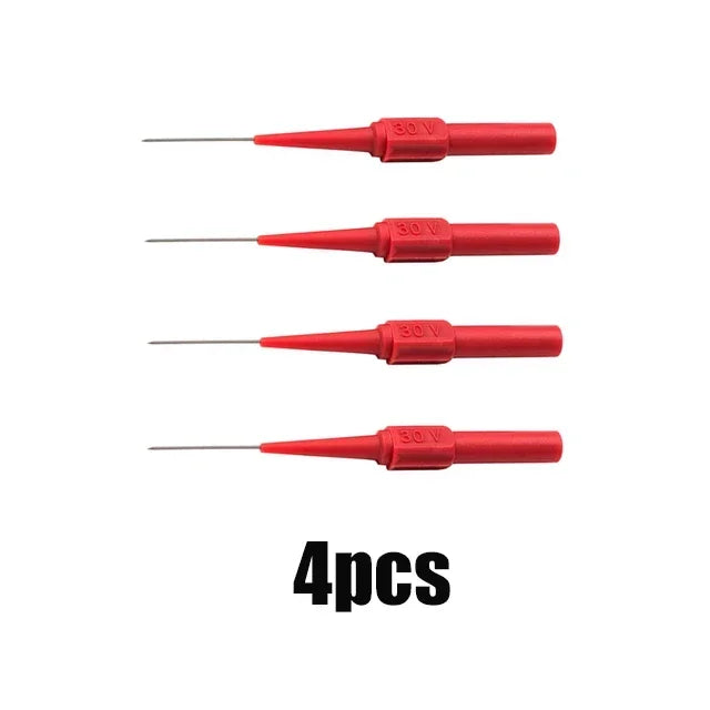 Four red multimeter back-piercing test probes with needle tips shown individually.