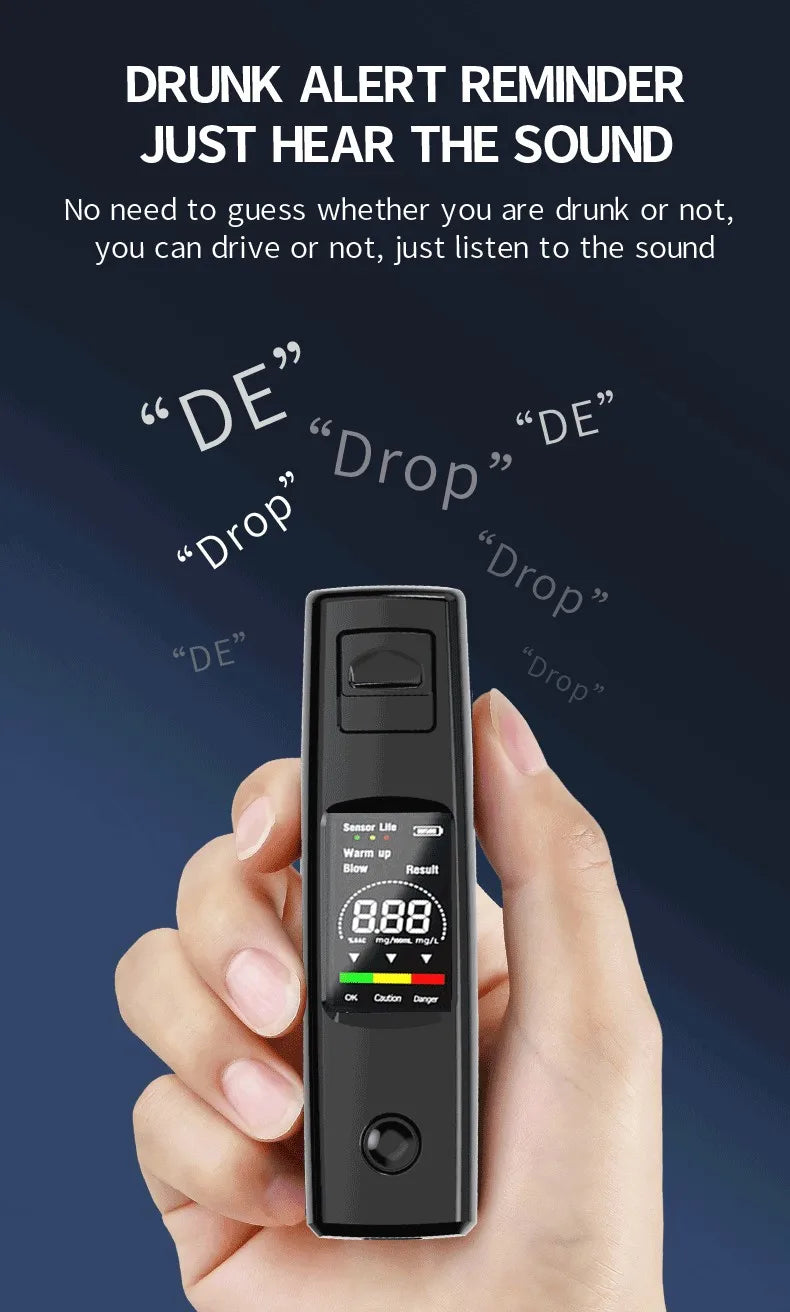 A hand holds a black portable digital breathalyzer device with an 8.88 reading displayed on the screen.