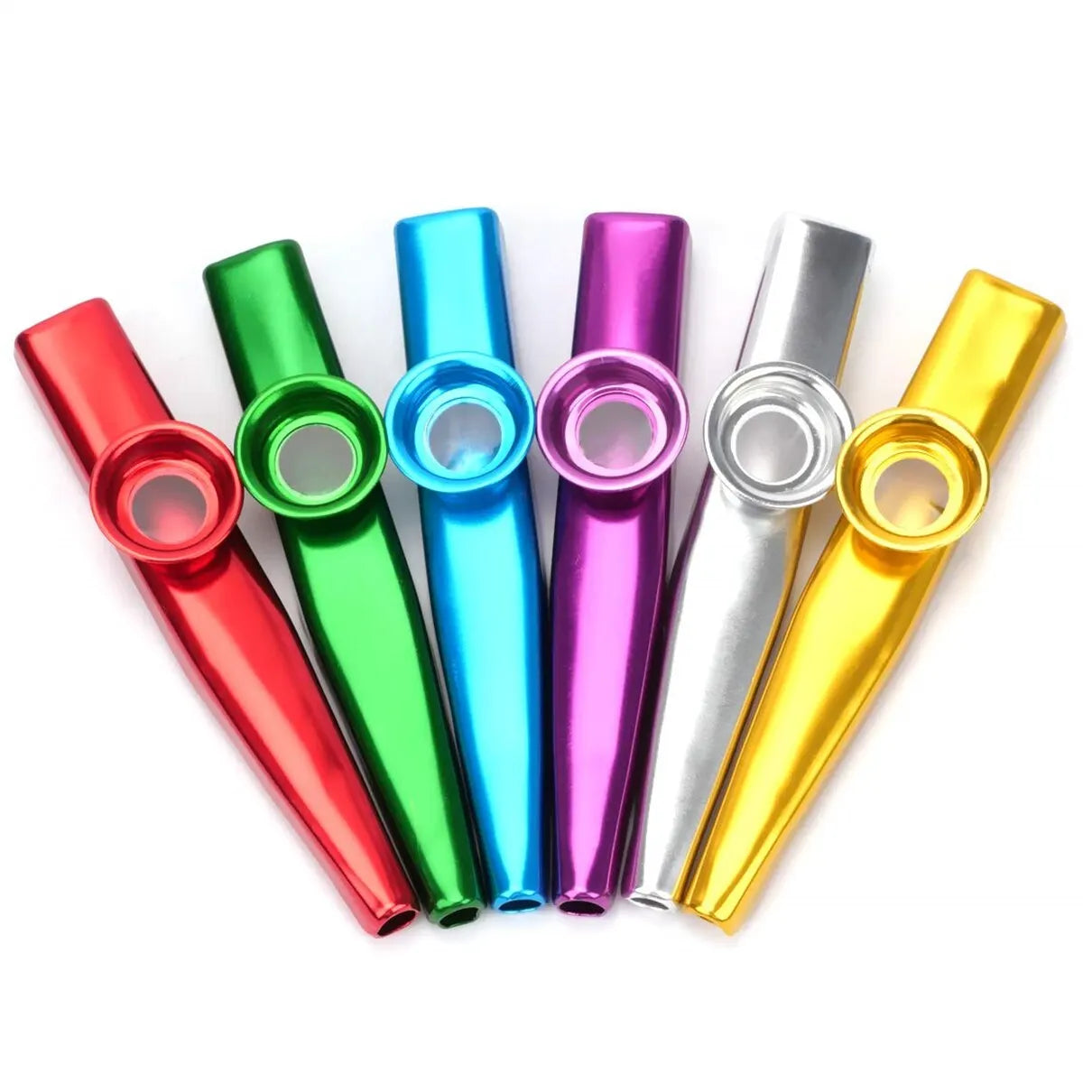 A collection of silver aluminum kazoo tubes in various bright colors including red, green, blue, purple, and yellow.