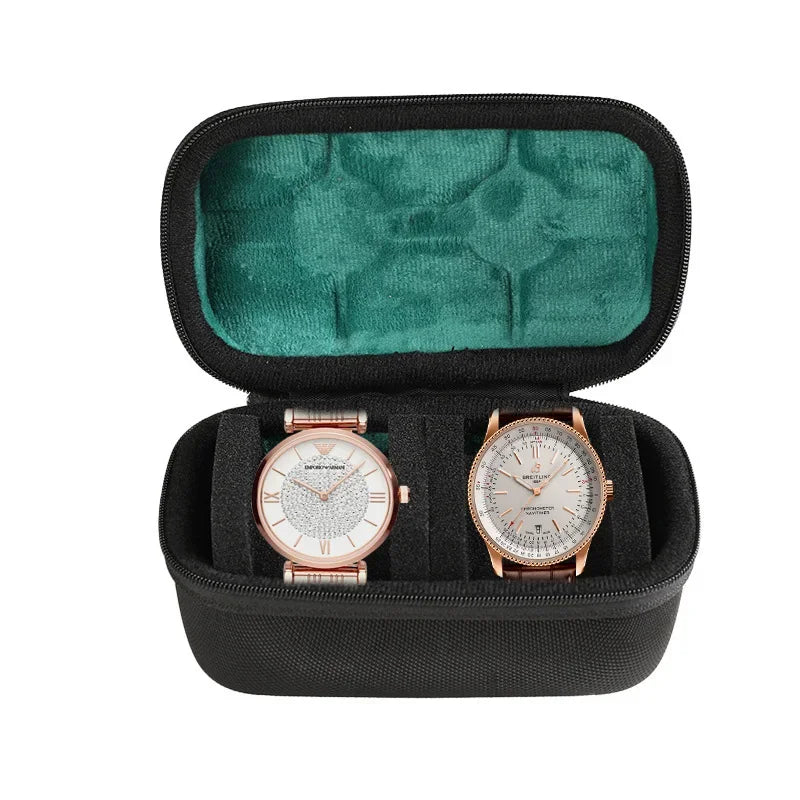Black watch travel organizer case with a green velvet lining and two watch slots.