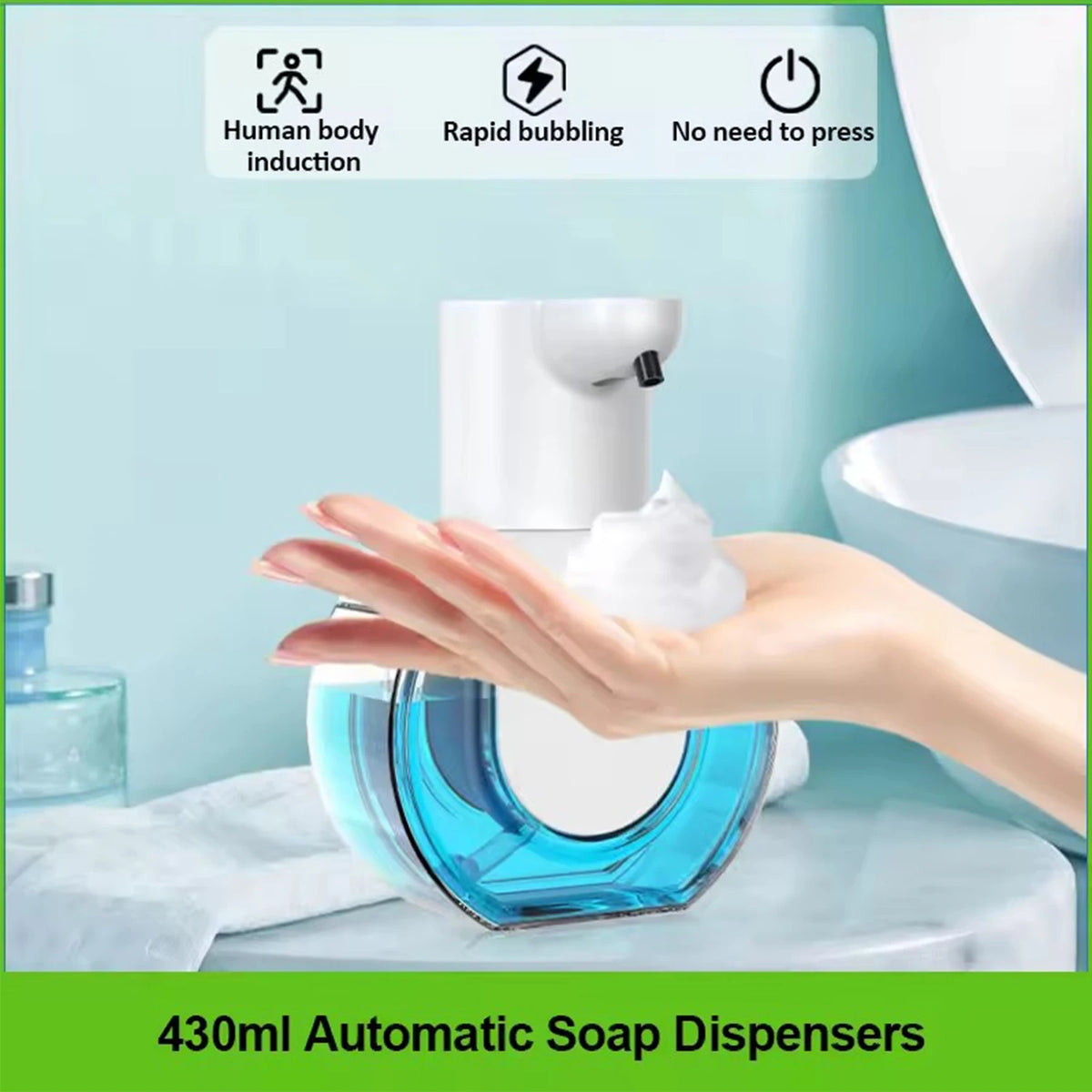 A hand is dispensing soap from a blue automatic foam soap dispenser onto a white toilet bowl.